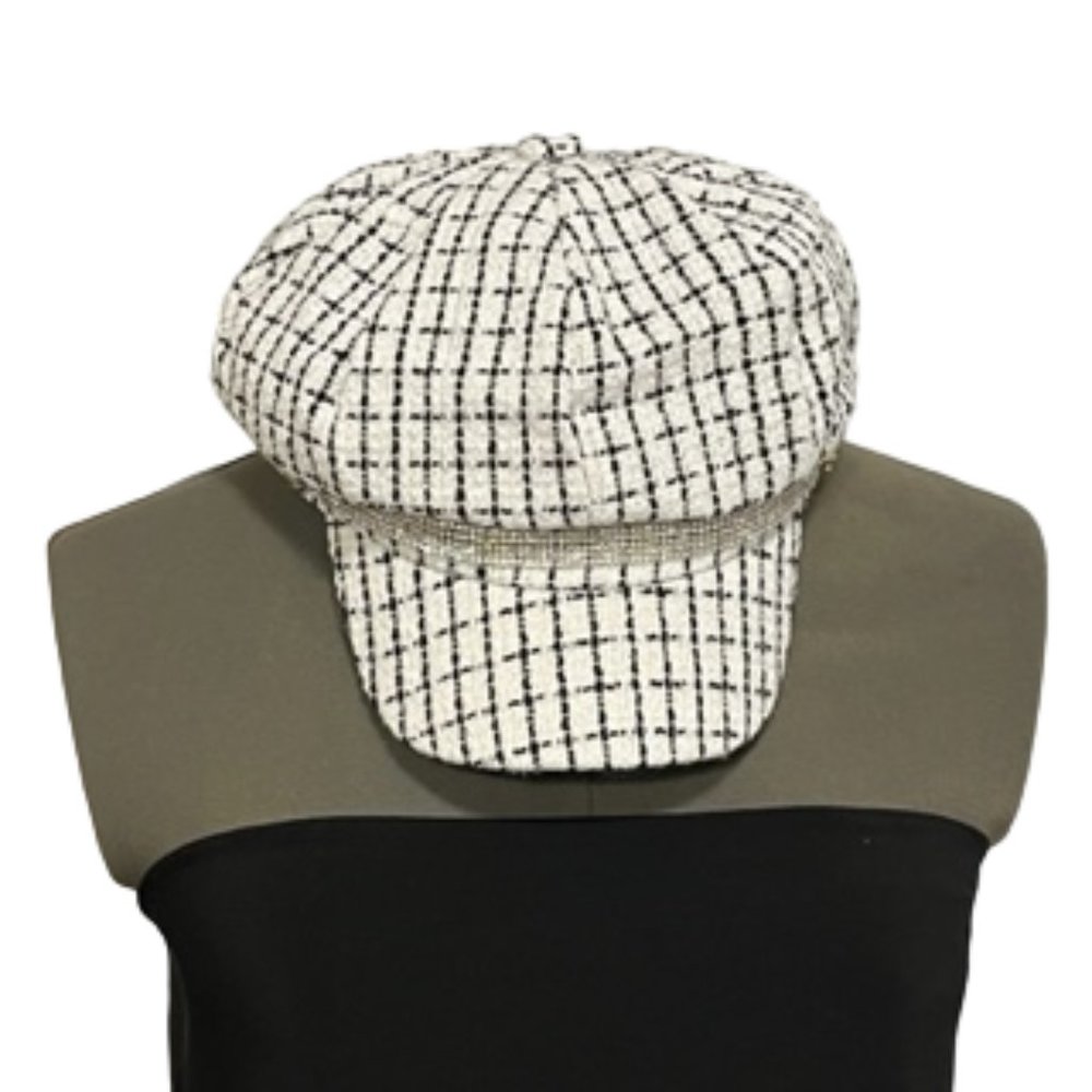 MARCUS ADLER White And Black Newsboy Style Cap With Rhinestone-Trimmed Rim NWT
